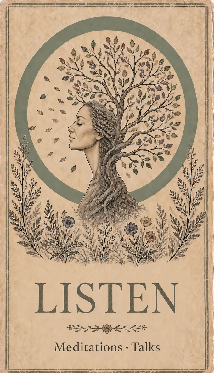 Listen — a woman's profile merging into a flowering tree beneath a sage arch